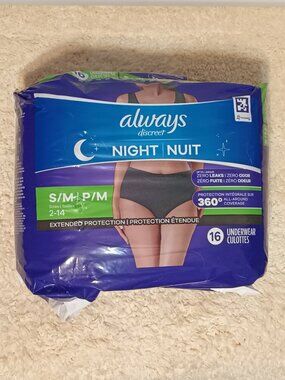 NWT~Always Discreet Maximum Protection Blk. Night Underwear Small/Medium 16 Ct.
